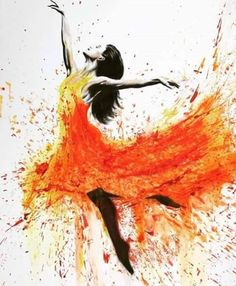 a painting of a woman dancing with orange and yellow paint splatters