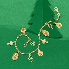 Ross-Simons - Italian 18kt Gold Over Sterling Religious Charm Bracelet. 7". From Italy, this graceful charm bracelet is filled with meaningful symbols of faith. Finely crafted in polished 18kt yellow gold over sterling silver, the bracelet features a mix of Miraculous Medal charms, two styles of elegantly detailed cross charms and Virgin Mary charms. What a special piece to call your own, or to gift for any religious milestone. Cable chain. Lobster clasp, 18kt yellow gold over sterling silver re Spiritual Yellow Gold Charm Bracelet, Gold Spiritual Rosary Bracelet With Charms, Spiritual Gold Rosary Bracelet With Charms, Symbolic Yellow Gold Bracelets With Charms, Yellow Gold-plated Bracelets With Dangling Charms, Symbolic Yellow Gold Bracelet With Charms, Yellow Gold Plated Bracelets With Dangling Charms, Gold Spiritual Charm Bracelet With Lobster Clasp, Gold Charm Bracelet With Symbolic Dangling Charms