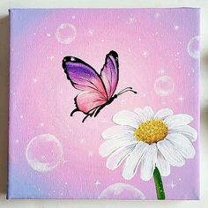 a painting of a pink butterfly flying over a white flower on a purple background with bubbles