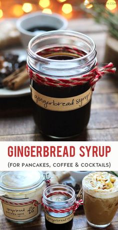 homemade gingerbread syrup for pancakes, coffee and cocktails in mason jars on a wooden table