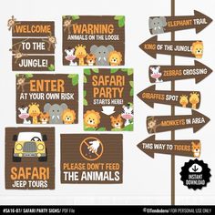 an animal themed party sign set up with animals on the signs and directions to each event