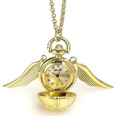 a golden pocket watch with wings on it