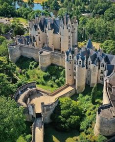 an aerial view of a castle surrounded by trees