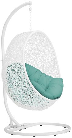 a white swing chair with a green cushion on the top and bottom, in front of a white background