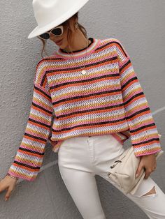 Orange Trendy Crew Neck Sweater With Contrast Stripes, Casual Striped Color Block Sweater, Knit Crew Neck Sweater With Contrast Stripes, Knit Sweater With Contrast Stripes Crew Neck, Trendy Striped Crew Neck Sweater, Multicolor Long Sleeve Sweater With Contrast Stripes, Orange Color Block Long Sleeve Sweater, Spring Sweater With Contrast Stripes, Spring Knit Sweater With Contrast Stripes