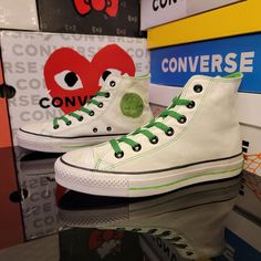 Converse / Ctas Hi Size: Uk 10/ M 10/ W 12 Color: White/Green Condition: Brand New!! The Shoes Come From The Factory With A Distressed Look. White Lace-up Converse Canvas Shoes, White Casual High-top Sneakers, Casual White High-top Sneakers, White Canvas Shoes With Branded Insole For Streetwear, White Canvas Shoes For Streetwear With Branded Insole, Trendy White Canvas Shoes With Vulcanized Sole, Casual Green High-top Sneakers With Vulcanized Sole, Urban White Canvas Shoes With Vulcanized Sole, White Casual Canvas Shoes With Vulcanized Sole