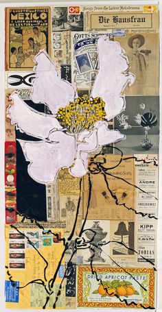 a collage of newspapers with a flower in the middle and other papers surrounding it