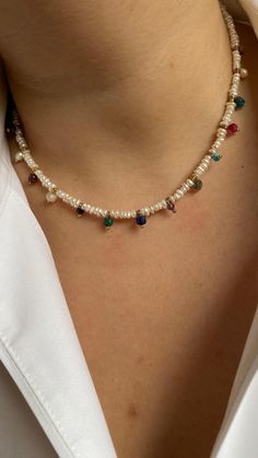 Necklace is made of the best quality 2.5-3mm tiny seed pearls.  Add a pop of color to your necklace stack with this Natural Pearl and mixed gemstone beaded necklace! Each gemstone and pearl is hand picked so each necklace is unique and made just for you! Choose from hypoallergenic 14K Gold Filled (never plated!) PEARL, Wearing this beautiful stone enlightens your mind, improves your mood and teaches you to love yourself. They are known to calm and soothe negative emotions and anger while increasing positive and uplifting feelings. Wearing pearl jewelry brings you wisdom, helps you to be loving and energetic. Multicolor Pearl Necklace With Colorful Beads, Multicolor Pearl Drop Beaded Necklace, Pearl Choker Necklace With Colorful Beads, Colorful Beaded Pearl Choker, Rainbow Colorful Beads Pearl Necklace, Wearing Pearls, Rainbow Pearl, Rainbow Necklace, Gemstone Beaded Necklace