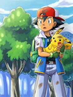 person holding a pokemon pikachu in front of a tree and sky with clouds