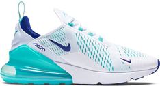 Nike 270 White Hyper Jade Deep Royal Blue Fye Shoes, Bad Shoes, Sports Chic, Nike Air Max 270 White, Jordan Swag, Air 270, Underwater Restaurant, Girl Uggs, Nike 270