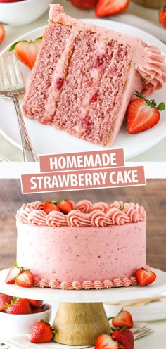 two pictures with different types of strawberry cake on the same plate and one has strawberries in it