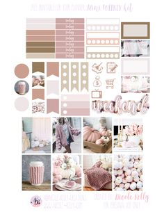 a collage of pink and white items