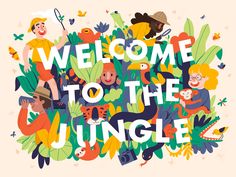 the welcome to the jungle sign is surrounded by cartoon characters