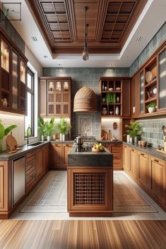 a large kitchen with wooden cabinets and black counter tops on the island in front of an open window