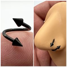 two pictures of an arrow ring being held by someone's hand with the finger pointing towards it