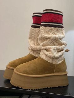 Lasaky - Stylish Winter Snow Boots: Brown Platform Design with Round Toe and Sock Detail Boots With Platform, Brown Winter Boots, Stylish Winter Boots, Street Wear Style, Shoes Aesthetic, Casual Street Wear, Trendy Shoes Sneakers, Winter Heels, Pretty Shoes Sneakers