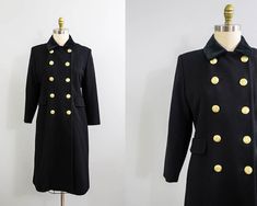 "vintage late 80s early 90s black long wool peacoat with double breasted gold large metal buttons, black velvet collar, false front pocket flaps, side slit pockets and full satin lining.  Light padded strong shaped shoulder and back overcoat belt. |  d e t a i l s   &   m e a s u r e m e n t s  | tag size: 6  best fit: s | m bust:  41\" waist: 40\" hip: 43\" shoulder: 17.5\"   sleeve: 22.5\" length: 40.75\" brand: leslie fay material: wool condition: excellent size assistance http://www.etsy.com/shop/sarahkates/policy vintage coats & jackets https://etsy.me/2mHVece explore the shop https://www.etsy.com/shop/SARAHKATES instagram | sarahkatesvintage pinterest | sarahkatesvintage facebook| sarahkatesvintage twitter | sarahkatesvtg" Black Peacoat, Velvet Collar, Wool Peacoat, Vintage Coat, Wool Jacket, Metal Buttons, Black Velvet, Vintage Black, Double Breasted