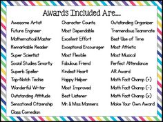 the award list for students to use in their writing and spelling skills, with colorful stripes