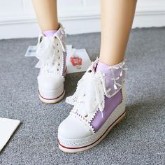 Sweet Lolita Anime College Bowknot Shoes 6 Kawaii Platform Shoes, Orange Boots, Bowknot Shoes, Old School Aesthetic, Purple Boots, Kawaii Shoes, Pink Boots, Purple Shoes, Red Boots