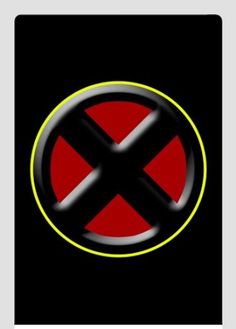 the x - men symbol is shown in red and black with a yellow stripe around it