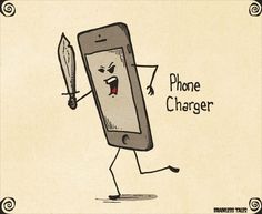 a cartoon cell phone with a knife in it's mouth and the caption phone charger