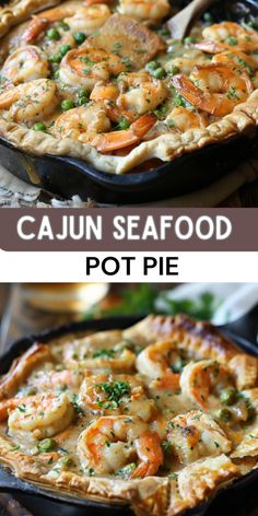 two images showing different types of food in pie pans, one with shrimp and the other with cheese