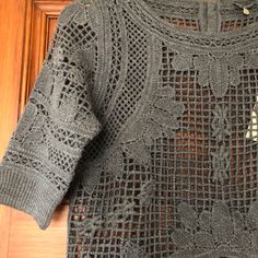 Beautiful Open Weave Crochet Sweater Classic Steel Grey 3 Lovely Metal Filigree Buttons At Back Of The Neck Half Sleeves Approximate Measurements When Flat: 16.5” Armpit To Armpit 21" Shoulder To Hem Elegant Open Knit Crochet Top For Fall, Crew Neck Knit Top With Crochet Lace, Knit Top With Crochet Lace Crew Neck, Crochet Lace Knit Top With Crew Neck, Bohemian Pointelle Knit Crochet Top For Layering, Crochet Knit Top For Layering, Bohemian Crochet Top With Pointelle Knit For Layering, Fall Crochet Knit Top For Layering, Crochet Knit Top For Fall Layering