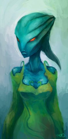 a painting of an alien with red eyes and blue skin, standing in front of a green