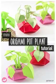 an origami pot plant is shown with the text overlay that reads, mini origami pot plant