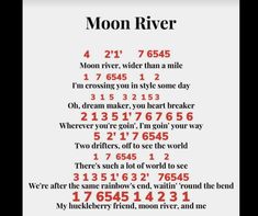 a poster with the words moon river written in red and black on it's white background