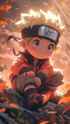 a young boy sitting on top of a pile of leaves