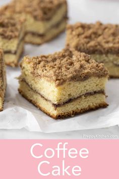 several pieces of coffee cake sitting on top of white paper