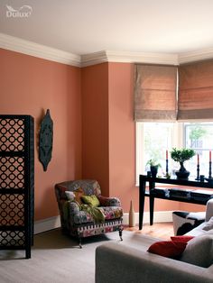 a living room filled with furniture next to a window covered in blinds and shades on the windowsill