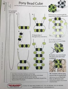 the instructions for how to make pony bead cubes are shown in green and black