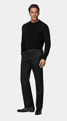 Black Merino Ribbed Crewneck in Pure Wool Male Cocktail Attire, Men Wedding Attire Guest, Christmas Outfit Men, Formal Attire For Men, Cocktail Attire Men, Custom Tuxedo, Party Outfit Men, Black Tie Attire, Black Outfit Men