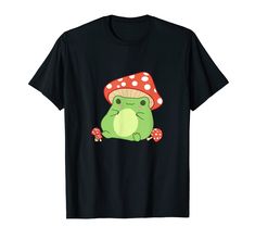 a black t - shirt with an image of a green frog wearing a mushroom hat