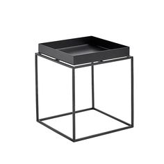 a black square side table with two trays