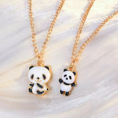 Boutique Brand New Item Two Golden Toned Necklaces With Cute Little Pandas Panda Necklace, Layered Cross Necklace, Purple Stone Necklace, Panda Charm, Panda Lindo, Star And Moon Necklace, Animal Bear, Gold Moon Necklace, Betsey Johnson Necklace