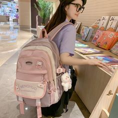 Kylethomasw Fashion Women Backpack Cute Waterproof Nylon Sets Bag Rucksack Teens Kawaii Bookbag for Girls Schoolbag Travel Mochila Shoulder Large Capacity Pink Backpack For End Of School Year, Large Capacity Pink Kawaii Backpack, Kawaii Large Capacity Pink Backpack, Large Capacity Kawaii Pink Backpack, Kawaii Pink Rectangular Backpack, Cute Large Capacity Pink Backpack, Pink Kawaii Backpack For Daily Use, Preppy Pink Bag For School, Preppy Pink Bags For School