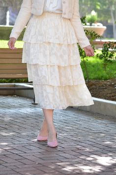 BEAUTIFUL QUALITY! Fully lined Elastic waist Ruffled style Embossed floral fabric Perfect for special occasion or church! 100% Polyester Modeled in small 5'6" Small (waist 28-30"/length 32") Medium (waist 30-32"/length 32") Large (waist 32-34"/length 32") Elegant Spring Skirt With Layered Hem, Elegant Skirt With Layered Hem For Spring, Elegant Layered Hem Skirt For Spring, Elegant Layered Skirt For Spring, Cream Tiered Ruffled Skirt, Elegant Spring Bottoms With Layered Hem, Cream Ruffled Flowy Bottoms, Cream Pleated Tiered Skirt, Elegant Tiered Gathered Skirt