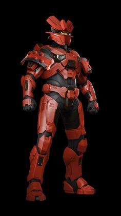 a red and black robot standing in front of a black background with his hands on his hips