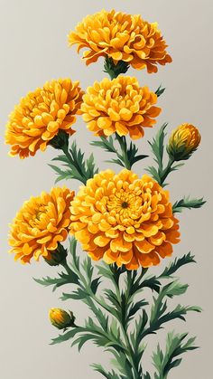 a painting of yellow flowers with green leaves