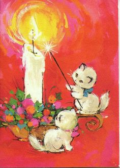 two white kittens sitting next to a lit candle on a red background with flowers