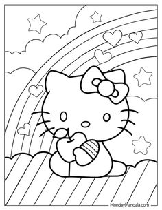 a hello kitty coloring page with rainbows and stars in the sky, as well as hearts