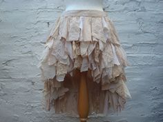 Beautiful, each  one is one of a kind skirt. Made of up cycled pieces of cotton, embroidered tulle, eyelet fabric and lace. All hand dyed in English tea for unique faded look. Tattered, raw unfinished edges of the fabrics are part of my design. Skirt is perfect for woodland style wedding. Made to order. waist 29 (74cm) hips 44 (112cm) length  front 12(30cm) back 22 (56cm) Are you looking for a different size or colour? Tattered Skirt, Denim Skirt Trend, Summer Dress Trends, Pixie Skirt, Steampunk Skirt, Skirt Diy, Bustle Skirt, Fairy Skirt, Festival Skirts