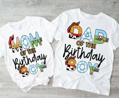 two shirts that say dad and son of the birthday boy