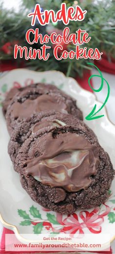 chocolate mint cookies on a plate with christmas decorations