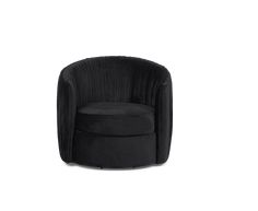 a black chair with a round foot rest on the bottom and back end, sitting in front of a white background