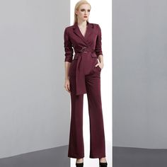 Claret Buckle Belted Blazer & Flare Pants Suit Set Vivian Seven Professional Pantsuit With Suit Collar For Fall, Professional Fall Pantsuit With Suit Collar, Professional Pantsuit For Office Use In Fall, Professional Pantsuit For Business In Fall, Professional Business Pantsuit For Fall, Office Lady Pantsuit For Fall, Fall Office Lady Pantsuit, Professional Semi-formal Fall Pantsuit, Career Pantsuit With Suit Collar For Fall