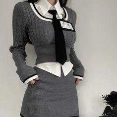 45699527606517|45699527639285|45699527672053|45699527704821 Fitted Gray Sets For Winter, Fitted Gray Winter Sets, Mini Skirt Suit, School Attire, Preppy Mode, Knitted Suit, Middle Age Fashion, Loose Outfit, Crop Top Sweater